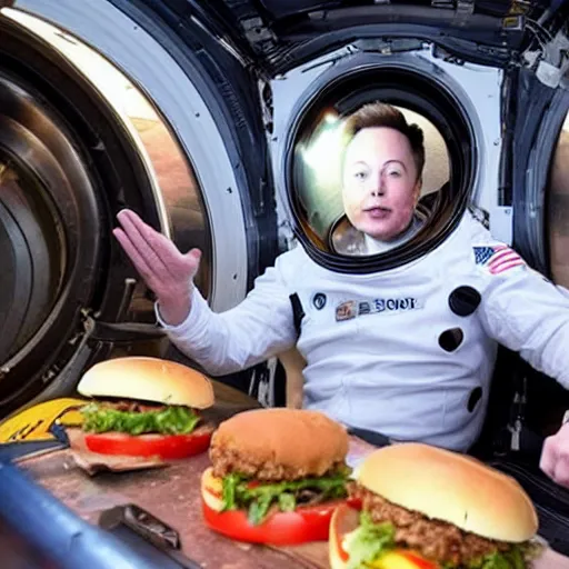 Image similar to elon musk eating burger in space, hd photo