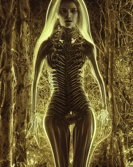 Image similar to luminescent long exposure light painting by h. r. giger of a beauteous biomechanical practical sumptuous full frame photo realistic face, lifelike incredible hair, crystalline masterpiece incrustations, hyperdetailed face, elegant pose, movie still, intricate, octane render, cinematic forest lighting,