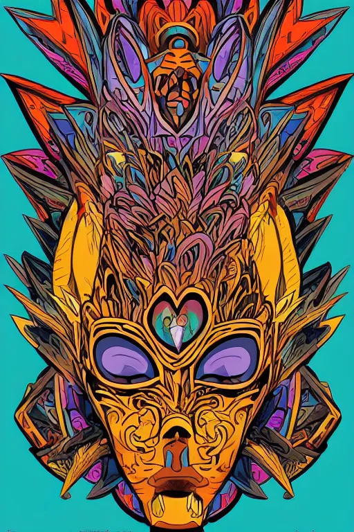 Image similar to animal mask totem roots flower tribal feather gemstone plant wood rock shaman vodoo video game vector cutout illustration vivid multicolor borderlands comics by josan gonzales and dan mumford radiating a glowing aura