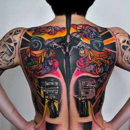 Image similar to backside on the shoulders is a tattoo of a hole in the skin with multicolored robotic mechanics and cables and a computer fan inside under the skin, insanely integrate, 3 d