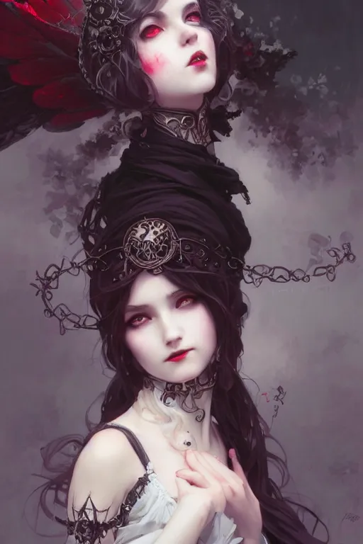 Image similar to portrait of radical lolita girl, dreamy and ethereal, red eyes, smiling expression, ornate goth dress, dark fantasy, chaotic, elegant, black crows flying, highly detailed, digital painting, artstation, concept art, smooth, sharp focus, illustration, art by artgerm and greg rutkowski and alphonse mucha