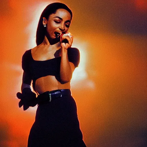 Image similar to picture of Sade Adu with sunset behind her singing while it's raining