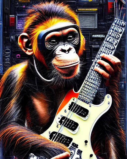 Image similar to a portrait of an anthropomorphic cyberpunk chimp shredding an electric guitar by sandra chevrier, by jon foster, detailed render, tape deck, epic composition, cybernetics, 4 k realistic, cryengine, realistic shaded lighting, sharp focus, masterpiece, by enki bilal