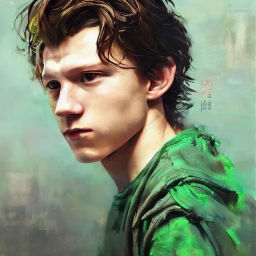 Image similar to attractive tom holland wearing green tunic by ruan jia, portrait