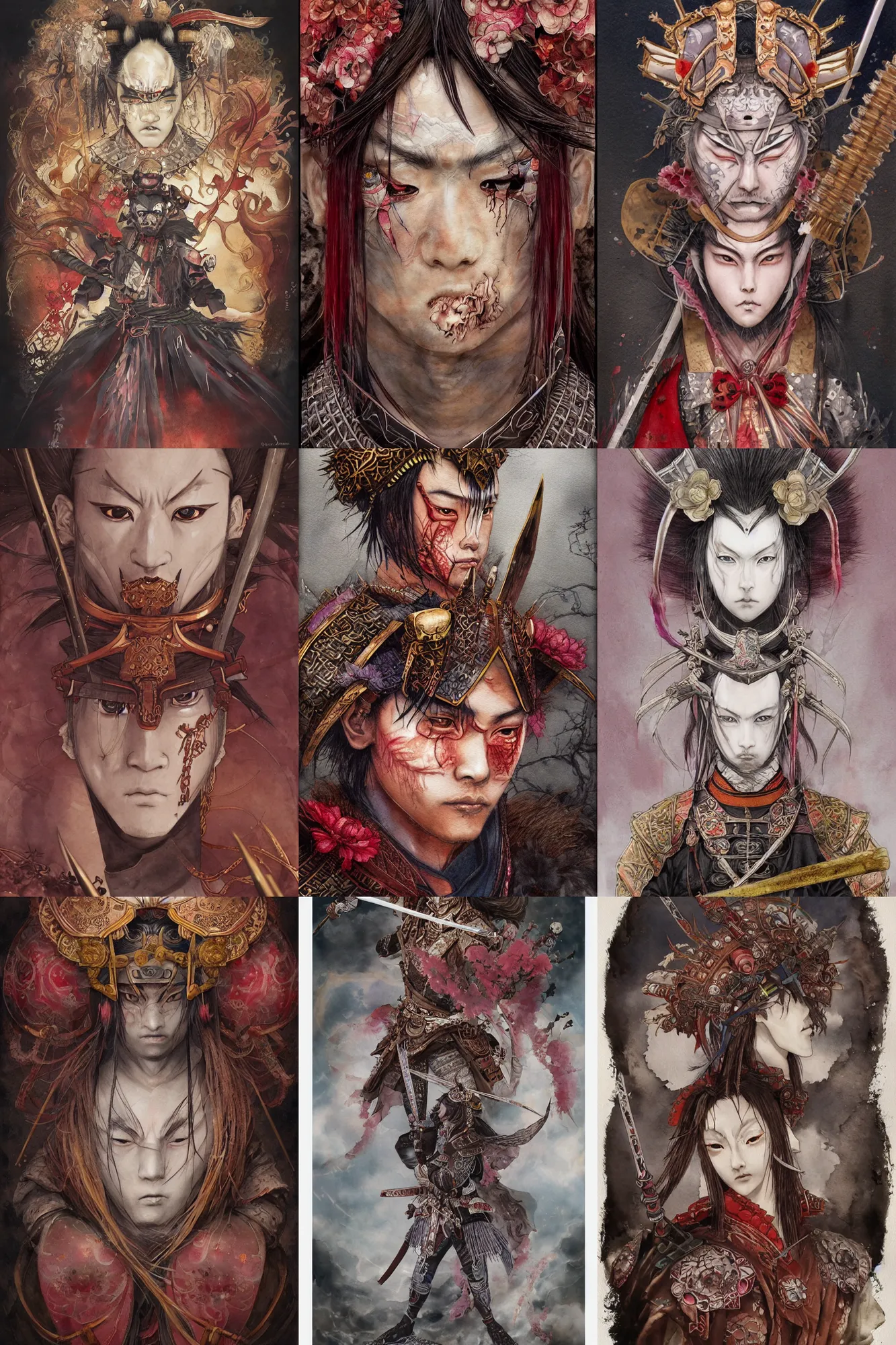 Prompt: watercolor painting of a male japanese bjd samurai warrior magus wearing a mempo in the style of dark - fantasy painted by yoshitaka amano, tom bagshaw, ayami kojima, dmt art, symmetrical face portrait, intricate detail, concept art, artstation, cgsociety, artgerm, rococo, sakura flowers, red, bronze