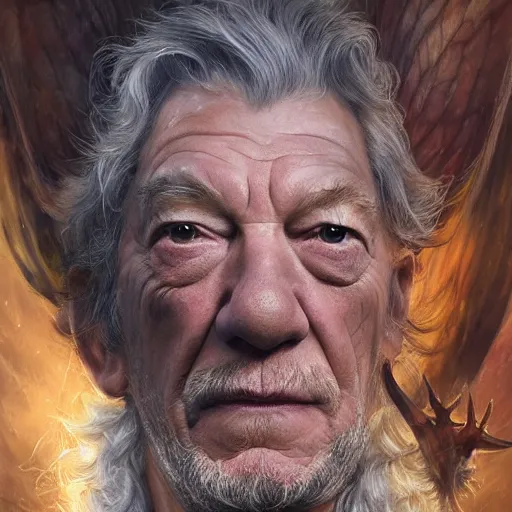 Prompt: closeup portrait shot of ian mckellen as king oberon, fairy wings, lord of beasts, highly detailed, digital painting, artstation, concept art, soft focus, depth of field, artgerm, tomasz alen kopera, peter mohrbacher, donato giancola, wlop, boris vallejo