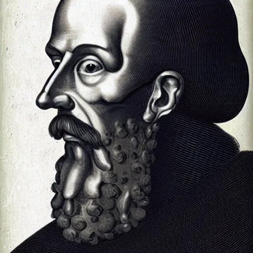 Image similar to theologian john calvin as a cyborg, resembles a robot, metal surface