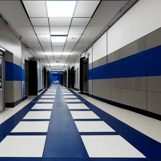 Prompt: underground lab hallway, dark blue and black, unknown location, clean, dry wall, shiny black tile floors, cinematic