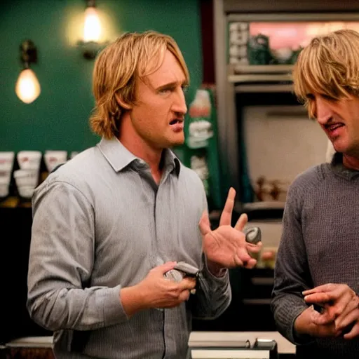 Image similar to still from a romantic comedy where Owen Wilson falls in love with Cthulhu, Elder God and Bringer of Madness. Owen Wilson plays a Starbucks barista down on his luck, while Cthulhu is the Elder God and Bringer of Insanity (tentacles and eyes that tear into your soul and bring unending frothing madness). Directed by Wes Anderson