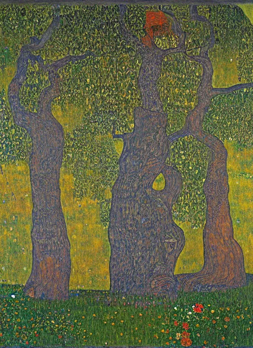 Image similar to a landscape painting of a cognitive optical illusion of trees, with four people who are trees in the foreground making extreme dynamic poses painted by gustav klimt, leonardo davinci