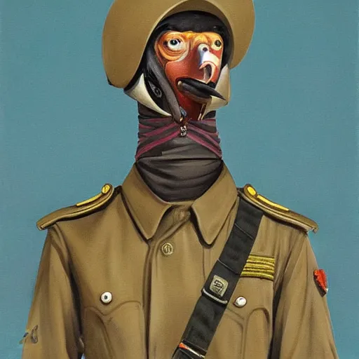 Image similar to a detailed and complex, highly detailed, concept art, soviet propaganda poster depicting a dromaius in military uniform. general emu. painting by irakli toidze,