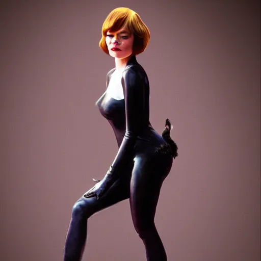 Prompt: Full-body portrait of Emma Stone as catwoman, trending on Artstation, realistic studio lighting, realistic shadows, by Jen Jung, by WLOP, by Lisa Ericson