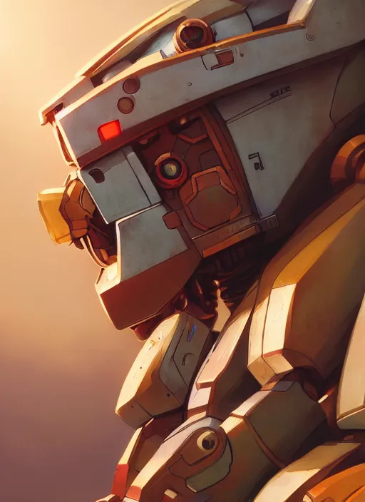 Image similar to highly detailed portrait of rusty gundam robot, stephen bliss, unreal engine, greg rutkowski, loish, rhads, beeple, makoto shinkai and lois van baarle, ilya kuvshinov, rossdraws, tom bagshaw, alphonse mucha, global illumination, god rays, detailed and intricate environment