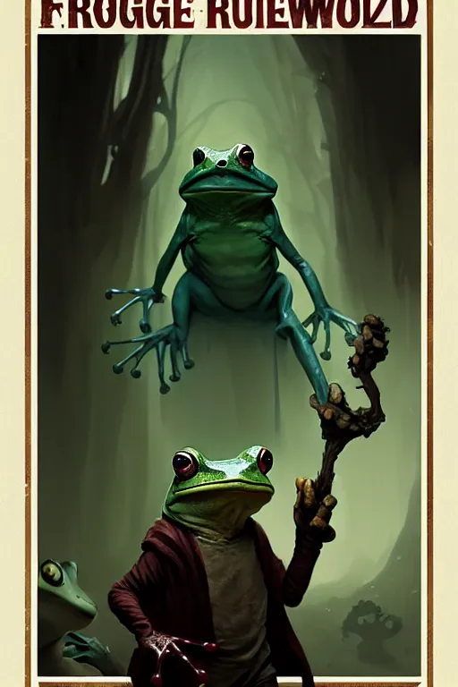 Image similar to greg rutkowski poster. frog wizard