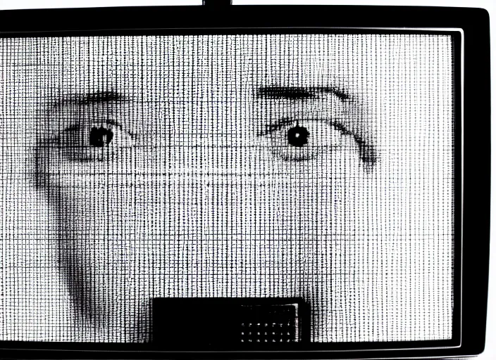 Prompt: high resolution black and white portrait with a 3 5 mm f / 5. 0 lens of a vintage 1 9 8 4 television set with soviet union test card signal interference. a bit of a person can be seen on the screen.