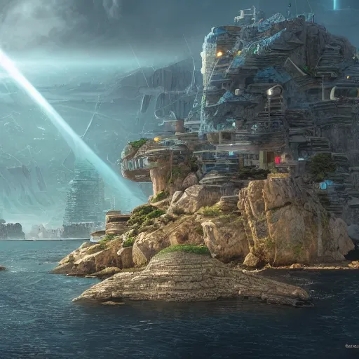 Image similar to a solarpunk city on a small rocky island in the middle of a violent sea, beautiful dynamic lighting, cinematic, wide angle establishing shot, extremely high detail, photo realistic, cinematic lighting, post processed, concept art, artstation, matte painting, style by eddie mendoza, raphael lacoste, alex ross, volumetric lighting, light rays, photorealistic, ultrarealistic, moody, coronarender, 8k