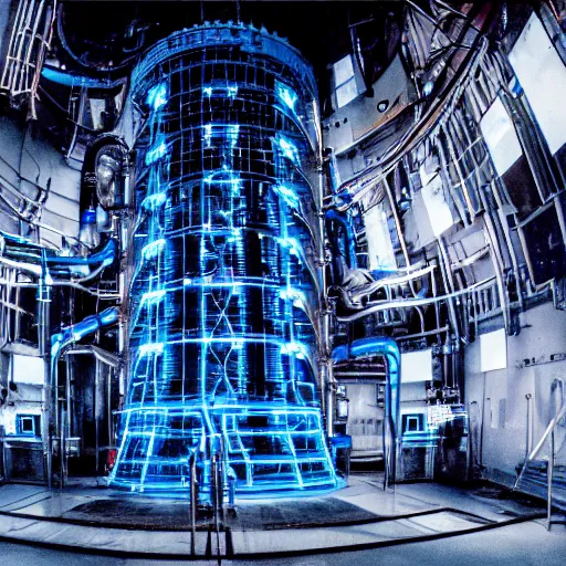 Image similar to an astounding 3 5 mm photo of a nuclear reactor glowing with cherenkov radiation