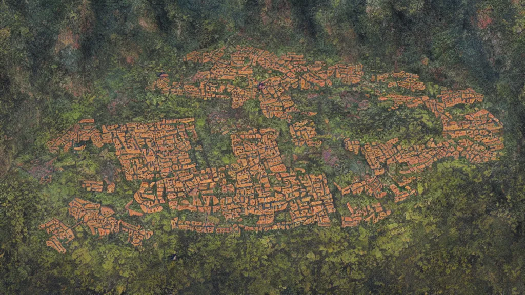 Prompt: An inca city in the middle of a forest lake, bloom in a variety of colors, by Greg Rutkowski, aerial view