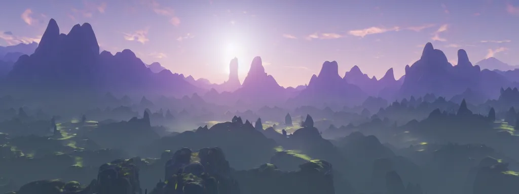 Image similar to matte painting of a magnificent ethereal valley by Zelda breath of the wild, 8k, soft volumetric fog, displacement mapped, unreal engine 5