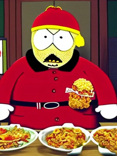 Prompt: highly detailed portrait of scarface as cartman from south park, holding a bucket of kfc, a line of gravy on the desk in front of him, global illumination, flat light, detailed and intricate environment