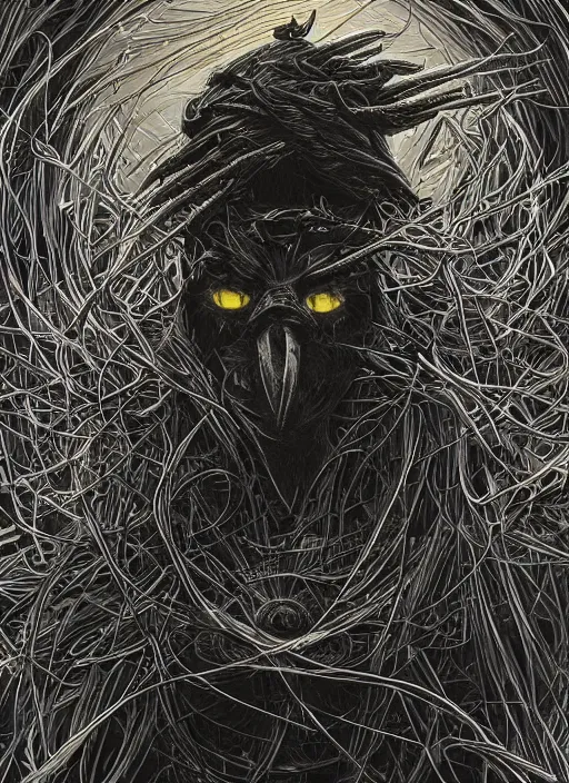 Prompt: nest on human head, open mouth, cruelty, pain, black crows, light effect, hyper detailed, intricate, elegant, highly detailed, digital painting, artstation, concept art, matte, sharp focus, illustration, by dan mumford, yusuke murata, makoto shinkai, ross tran