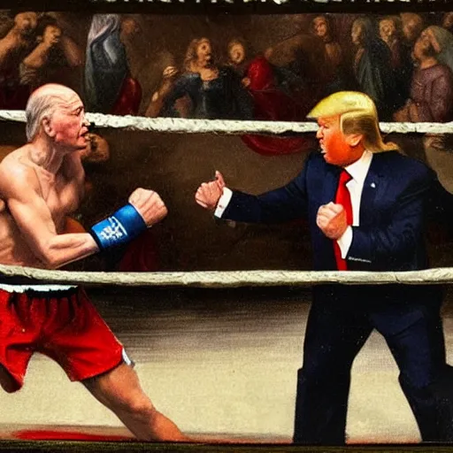 Image similar to a renaissance painting of donald trump and joe biden fighting in a boxing ring