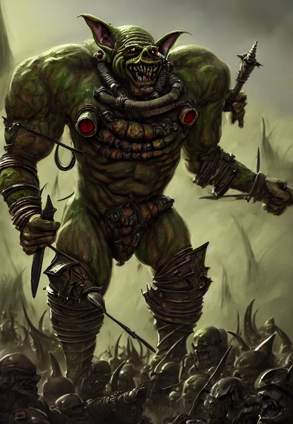 Prompt: a beautiful illustration of a hyper realistic render of a warhammer goblin posing victorious full body centered in a war zone in the style of stephen bliss