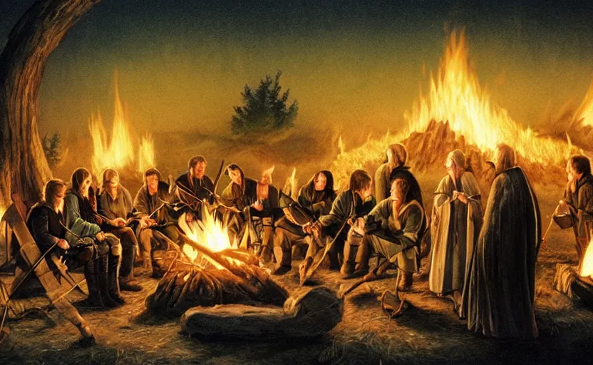 Image similar to illustration of the fellowship of the ring making s'mores around a campfire