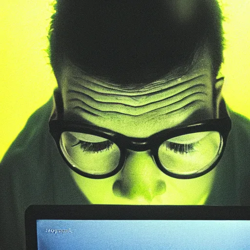 Prompt: computer nerd sitting in a dark room in front of laptop computer, green computer glow on face, photograph, kodak film, realism,