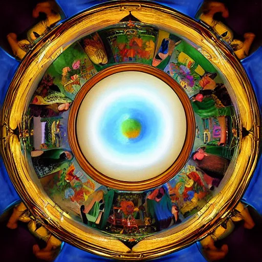 Image similar to A beautiful painting of a group of people standing around a circular table. In the center of the table is a large, open book. The people in the painting are looking at the book with interest and appear to be discussing its contents. iridescent by Phil Koch control the soul, contest winner