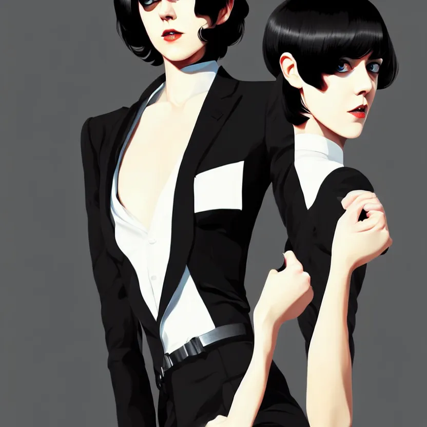 Image similar to jena malone, slim cruel business girl in tuxedo with black bob hair, elegant, 2 d, ultra highly detailed, digital painting, smooth, sharp focus, artstation, art by ilya kuvshinov!