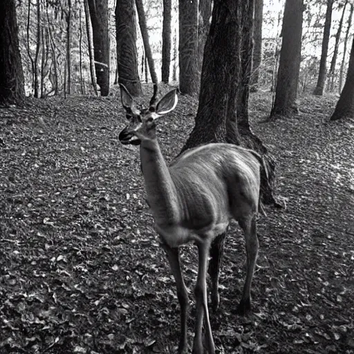 Prompt: alien riding on the back of a deer, grainy trail cam, black and white