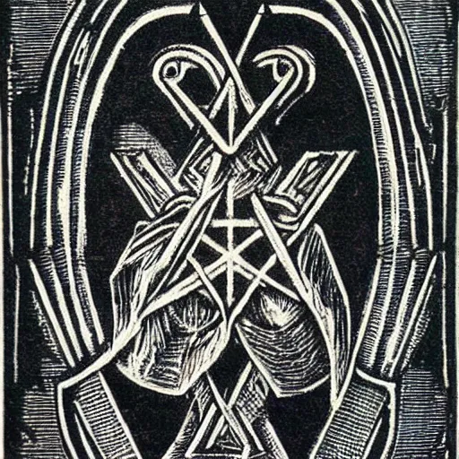 Image similar to magic sword iconography old occult runes intaglio etching engraving alchemy ink witchcraft