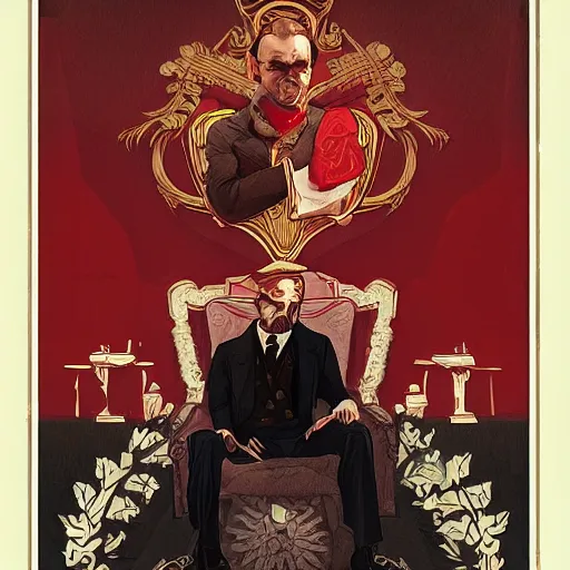 Image similar to [Communist Fernandel as president of France! as GTA character, mystic ninja, closeup, D&D, intricate, elegant, highly detailed, digital painting, artstation, concept art, matte, sharp focus, illustration, art by Artgerm and Greg Rutkowski and Alphonse Mucha]