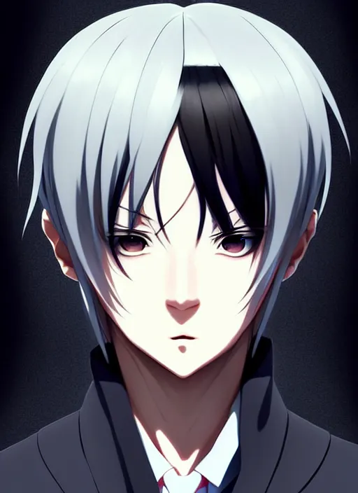 Image similar to symmetry!! anime art portrait male character, concept art, fantasy, anime key visual of elegant, black hair, finely detailed perfect face delicate, calm expression, muted colours background, sharp focus, smooth, illustration, cinematic lighting, trending on pixiv fanbox, artstation, art by studio ghibli, extremely high quality artwork,