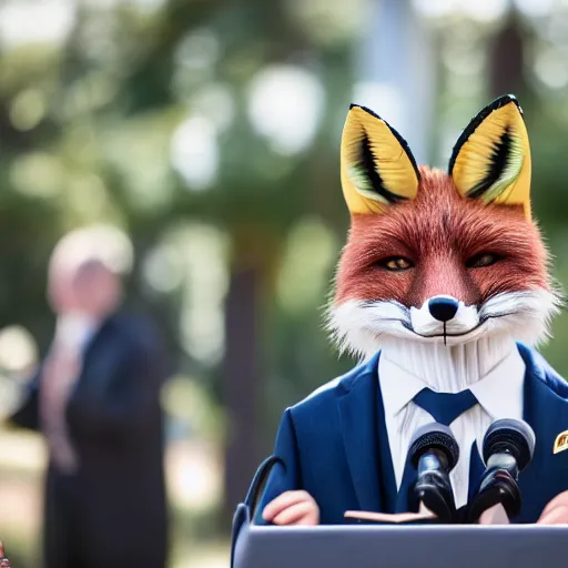 Image similar to a fox animal dressed in a suit giving a presidential press conference, 8 5 mm f / 1. 4