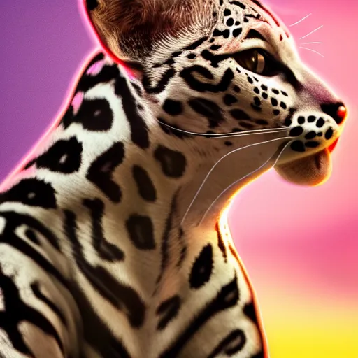 Image similar to profile shot of a neon ocelot, city lights, strong bokeh, dramatic, cinematic, high contrast, octane render, 4k