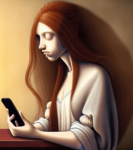 Image similar to portrait of a long - haired woman with a cellphone browsing reddit. com on her phone sitting upon a table with heightened detail, poised, intense emotion, detailed facial expression, detailed surroundings, intricate, elegant, highly detailed, centered, digital painting, artstation, concept art, smooth, sharp focus, illustration, by ( leonardo da vinci ), wlop