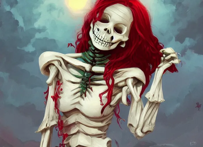 Image similar to cute & beautiful smug smiling mexican undead skeleton girl with red hair dressed as a witch, elegant, digital art, fantasy, pixar style, painting, pin up, highly detailed, artstation, art by artgerm, vrubel, greg rutkowski and ilya kuvshinov