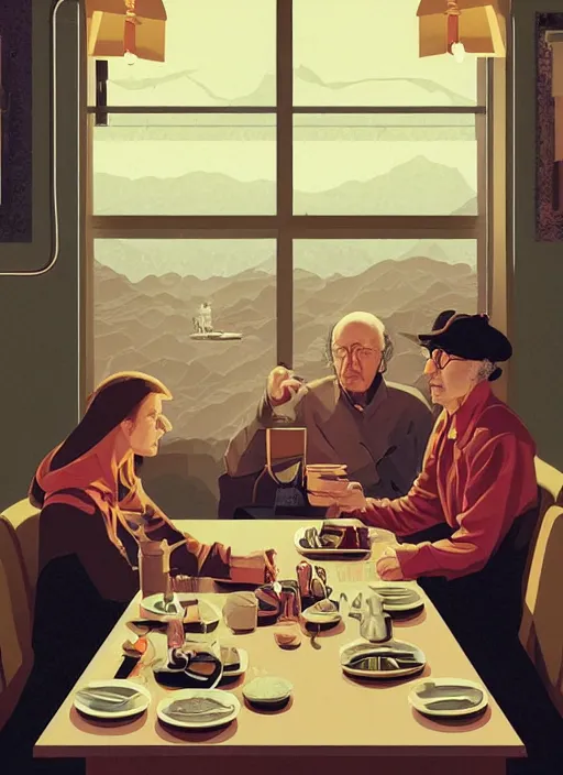 Image similar to poster artwork by Michael Whelan and Tomer Hanuka, Karol Bak of Larry David sitting along in the diner, from scene from Twin Peaks, clean, simple illustration, nostalgic, domestic, full of details