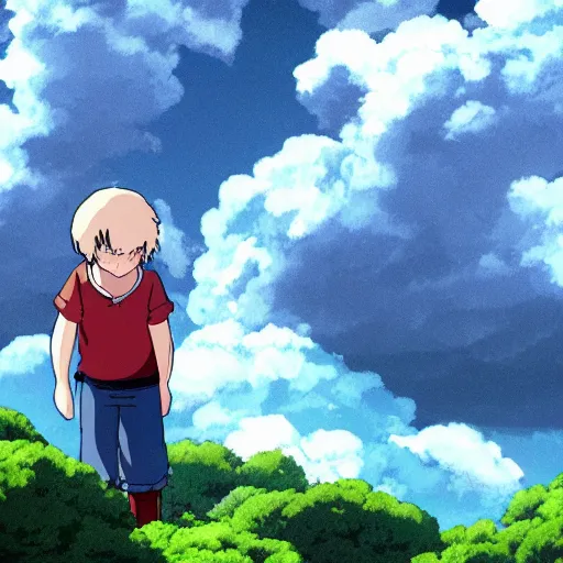 Image similar to friendly guy with Fragile looking portrait face stormy clouds made by Studio Ghibli highly detailed art, beautiful scene, sharp focus, smooth, 8k, anime art