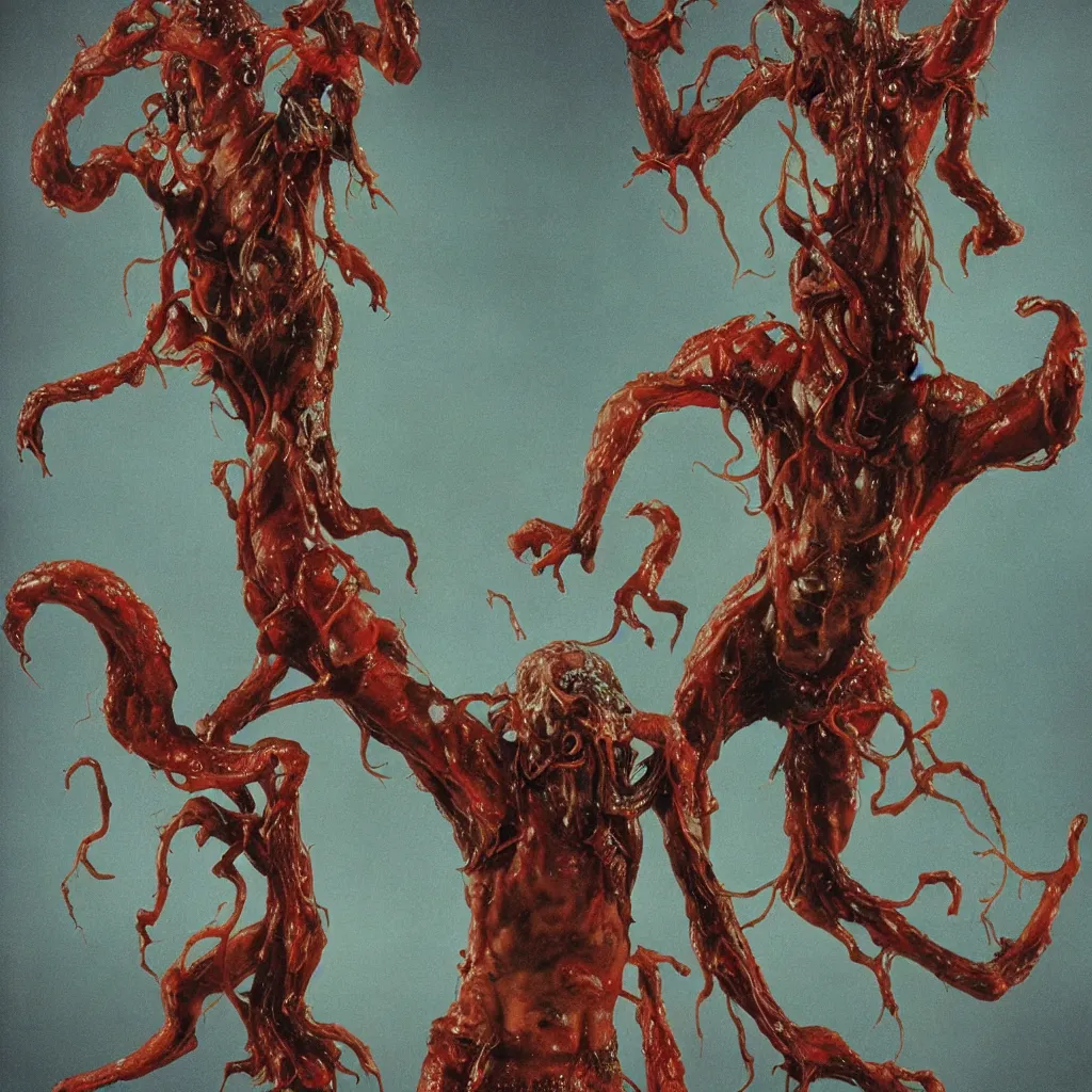 Image similar to grainy 2 0 mm film photograph of a grotesque veiny glossy wet gory nightmare fungus demon god. uhd, amazing depth, cinematic lighting, levitating floating fungus god with arms outstretched. by thomas blackshear.
