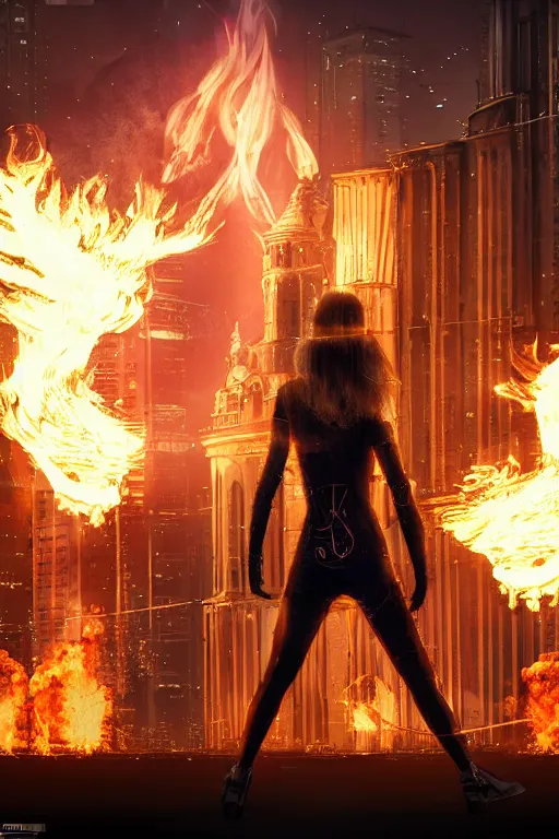 Prompt: in the foreground Saint Petersburg in cyberpunk, in the background a magnificent young blonde woman from behind playing with flames coming out of her hands wearing a long matrix-style jacket, realistic, high definition, many details, dramatic scene, symmetrical face, eyes realistic, art of Jock