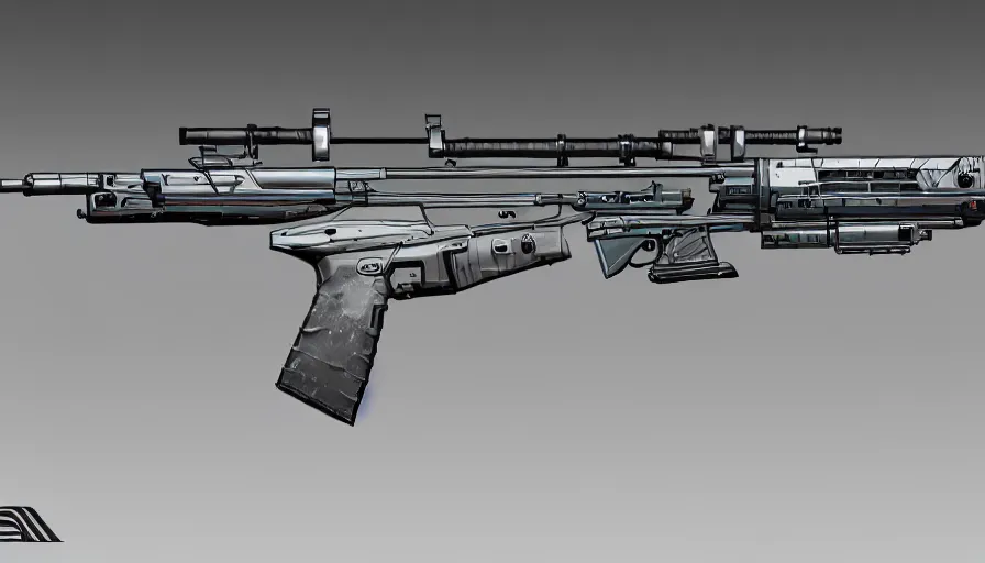 Image similar to extremely detailed realistic side view of a sci fi light machine gun, detailed trigger, chemically propelled, pattery powered, smooth streamline, battery and wires, railgun, tribarrel, gauss, elegant sleek smooth body, white paint, smooth utopian design, ultra high quality, minimalist, octane, cod, destiny, warframe, terminator