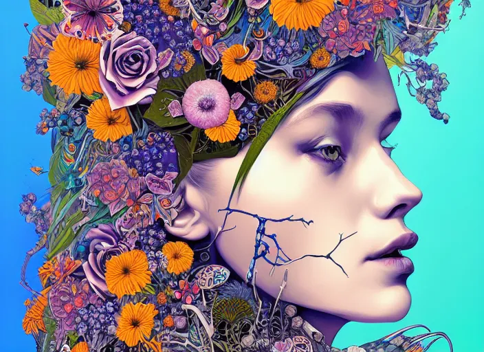 Image similar to a painting of a beautiful cyborg girl with a lot of flowers and blueberries and exotic plants on its head, poster art by android jones, behance contest winner, generative line art, made of flowers, grotesque, concert poster