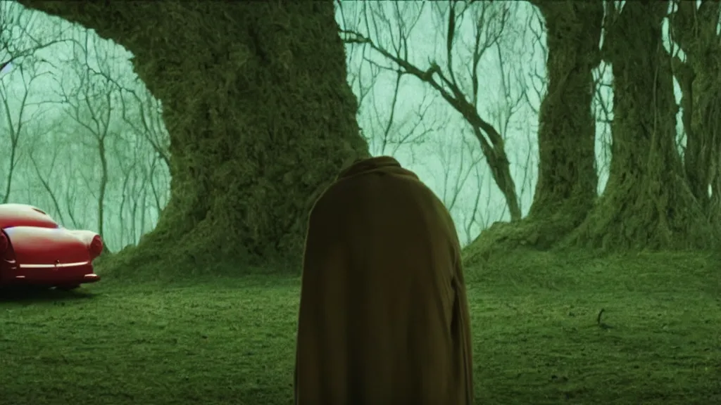 Image similar to the strange creature waits by the car, made of Chlorophyll and blood, film still from the movie directed by Denis Villeneuve with art direction by Salvador Dalí, wide lens