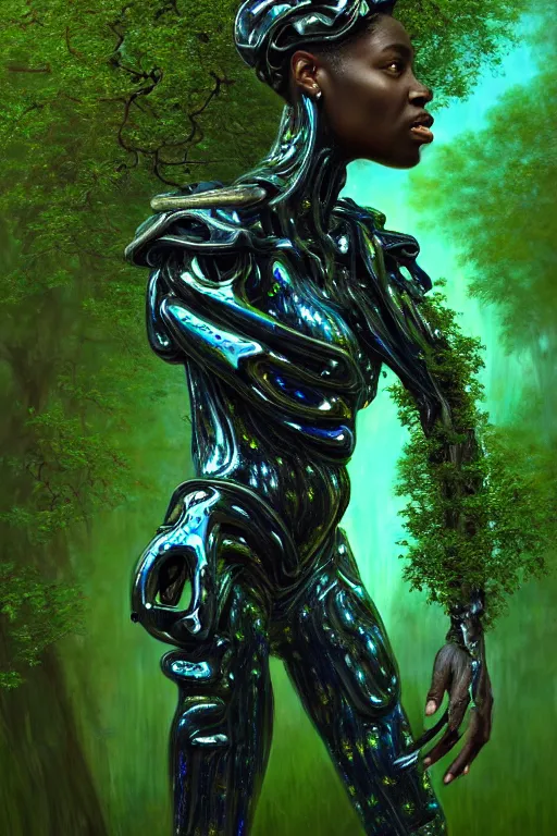 Image similar to hyperrealistic post - baroque super expressive! black woman with exoskeleton armor, merging with tree in a forest, highly detailed digital art masterpiece smooth cam de leon eric zener dramatic pearlescent blue green light ground angle hd 8 k sharp focus