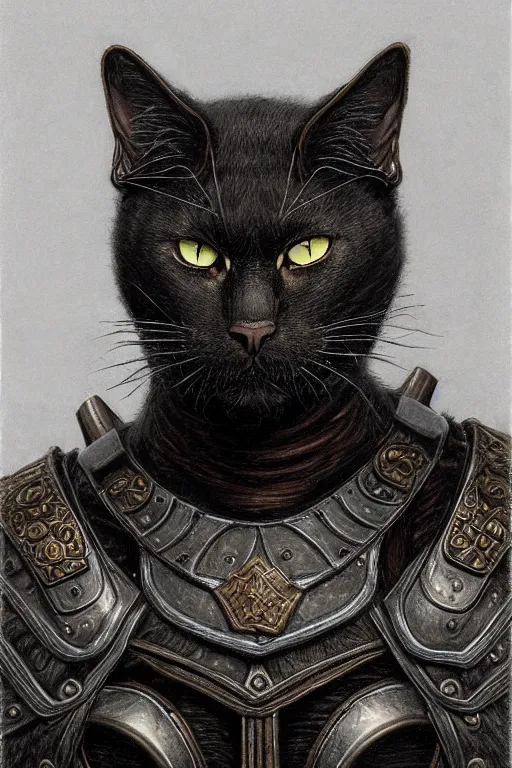 Image similar to head and shoulders portrait of a warrior, tabaxi, black cat, male, breastplate, magical, high fantasy, d & d, by donato giancola, face details, extremely detailed, digital illustration