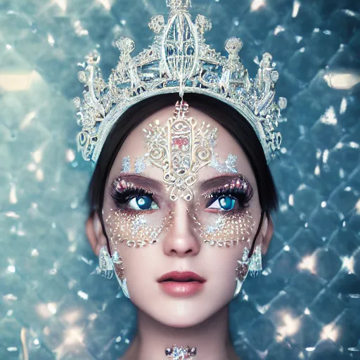 Image similar to portrait of wonderful princess of diamond with fair skin, ornate with diamonds, 8 k, gorgeous, intricate, detailed, glowing white accent lighting, dramatic lighting, octane render