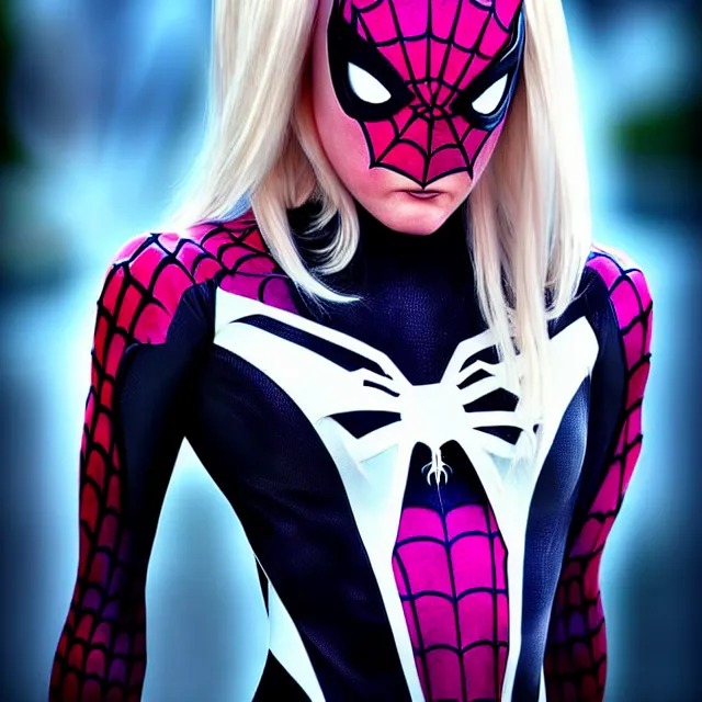 Image similar to perfectly centered close up portrait, spider - gwen, candid photography, by anne stokes, highly detailed, character concept
